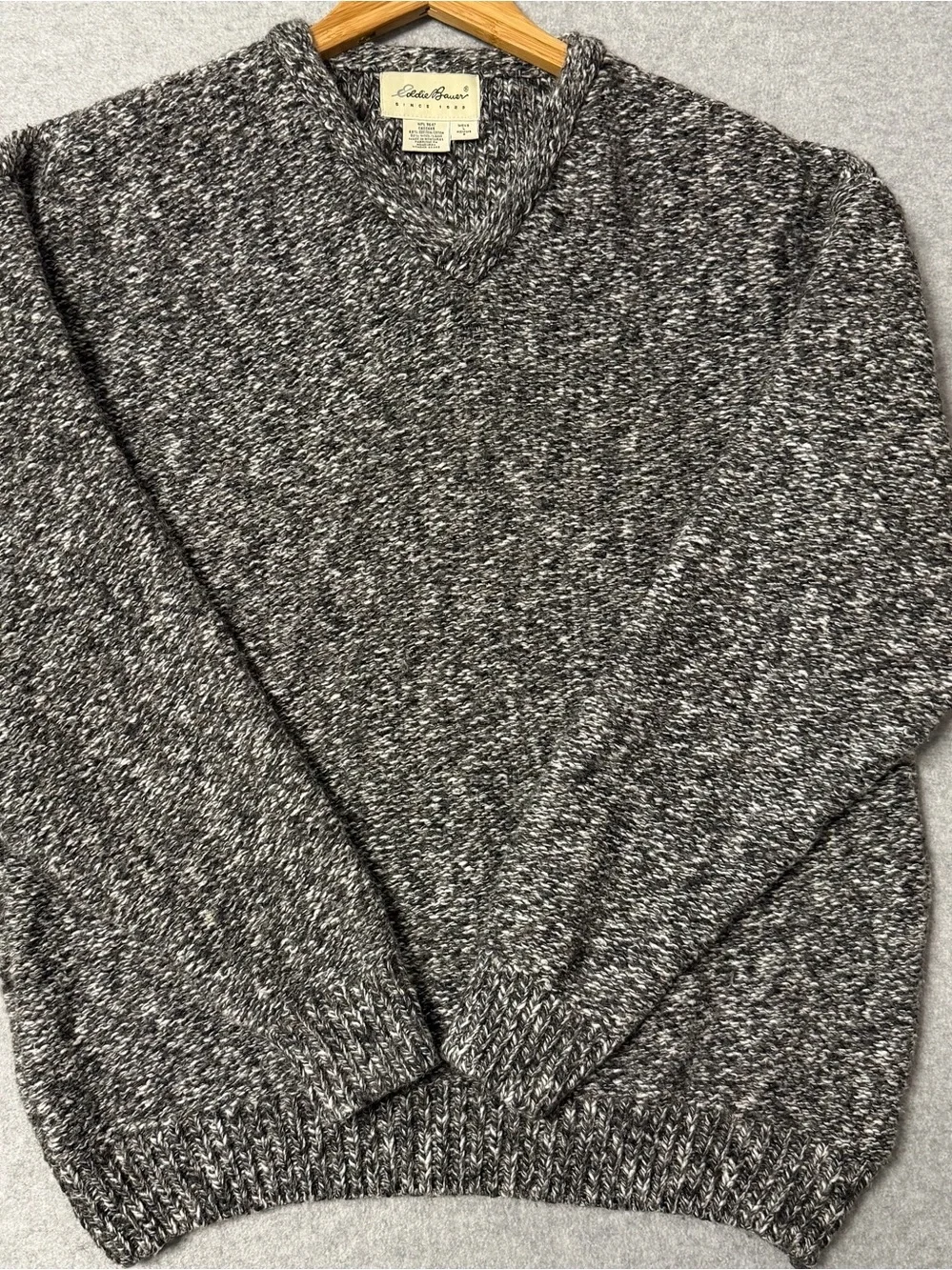 Vintage 90s Eddie Bauer Mens L Wool Cotton Marled Chunky Knit V Neck Sweater